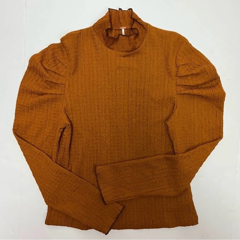 Free People Ela Mock Neck Top Puff Sleeve Terracotta Textured Knit Poetcore S